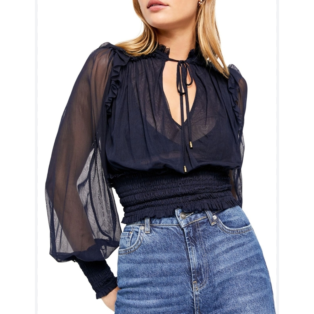 FREE PEOPLE Twyla Cropped Top Indigo Lost Navy Sheer Ruffle Ruched  Small